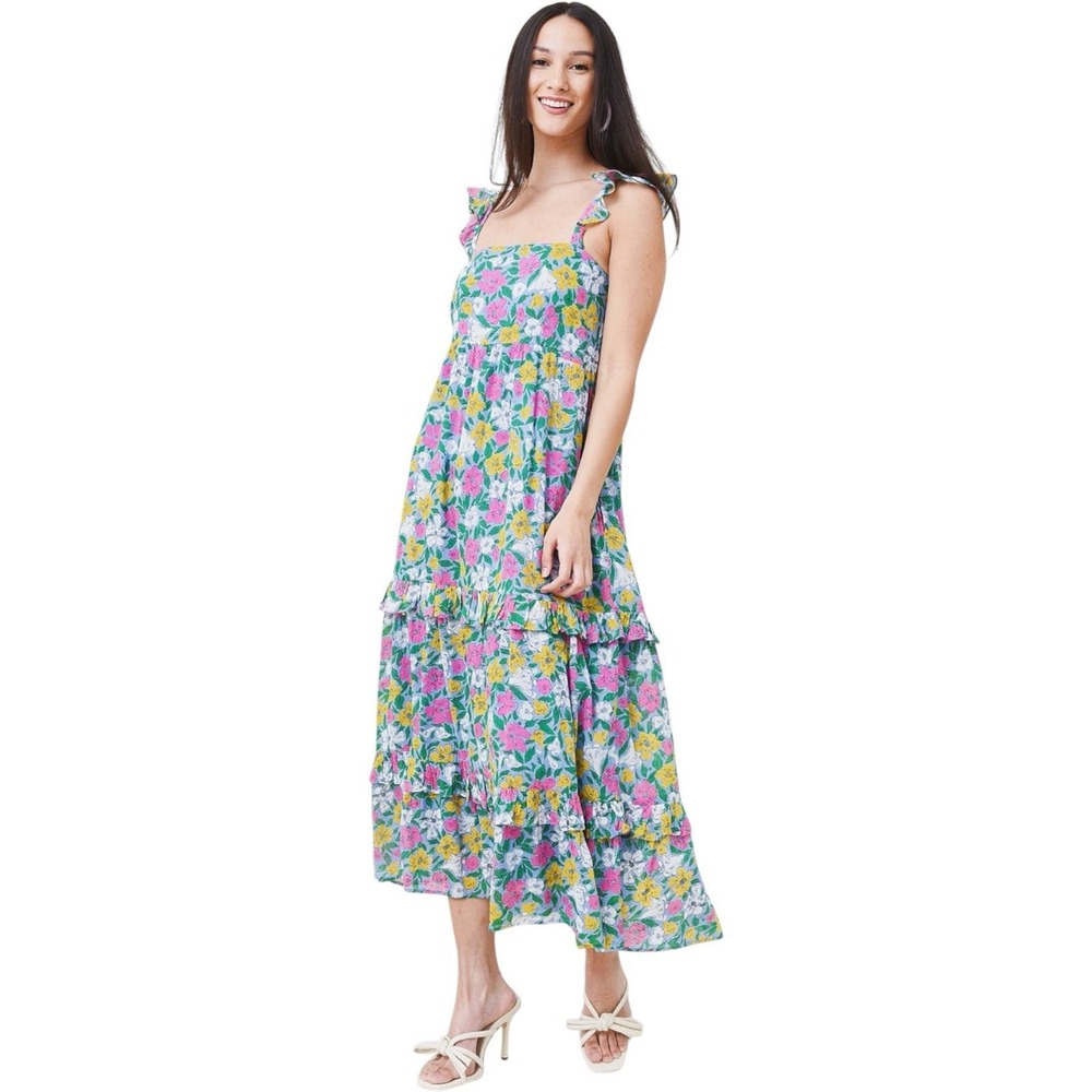 Banjanan Penelope Floral Dress Multicolor Cotton Tiered Ruffle XS